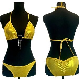 Metallic yellow gold scrunched puckered bum two-piece swimsuit bikini Sz S/M